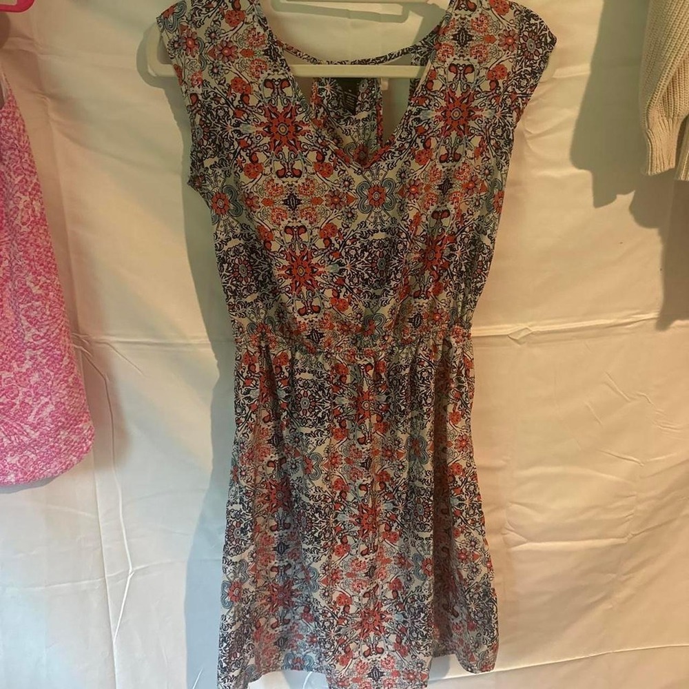 Womens Boho Floral Paisley V-Neck Mini Dress Orange Blue White Size M